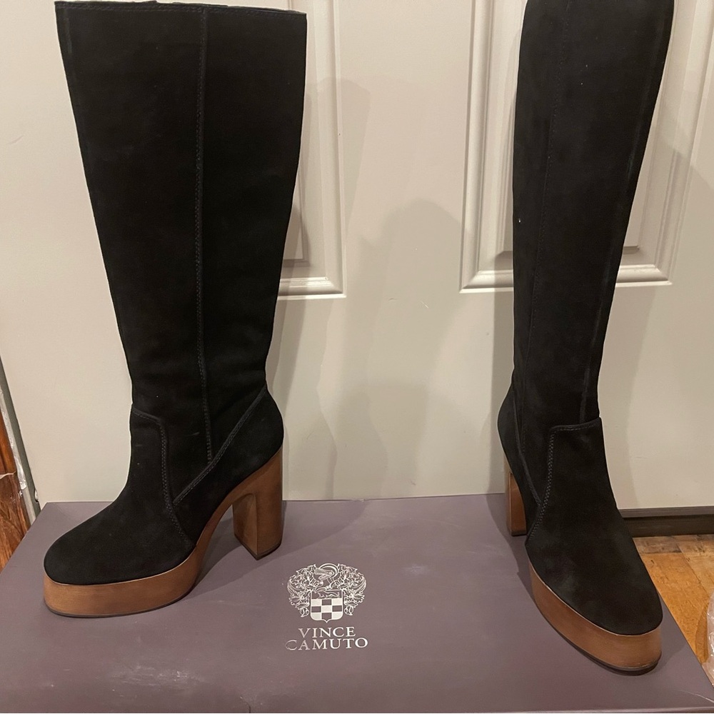 Vince Camuto Black Suede Over-the-Knee Platform Boots with Brown Wood-Look Heel
